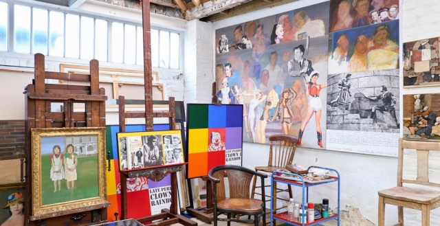 Photo of artist Peter Blake's studio in London