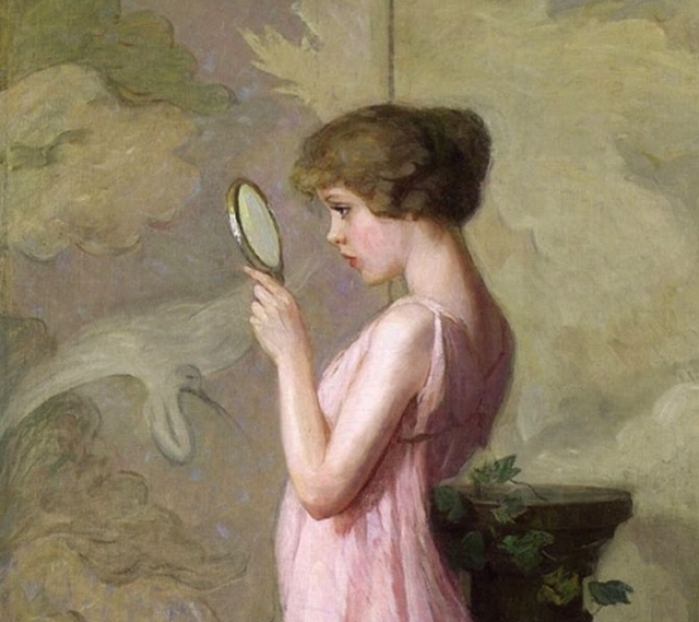 Detail of a woman looking into a mirror from one of Pauline Palmer’s paintings