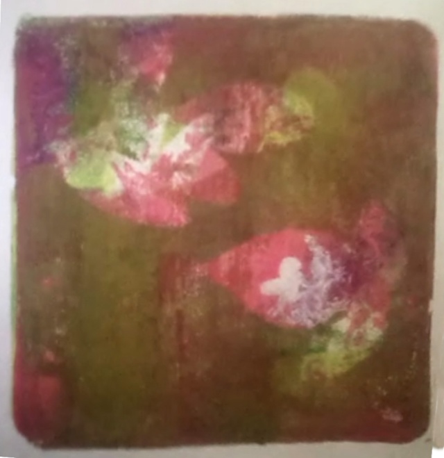 Olive green monotype & abstract white, pink & lime textures